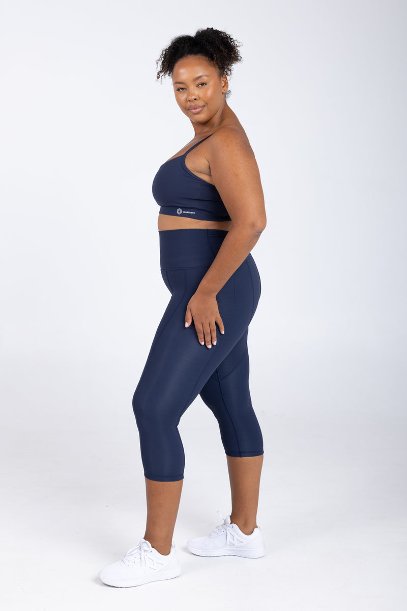 Sweat Proof Activewear - High Waisted Statement Navy 3/4 Length