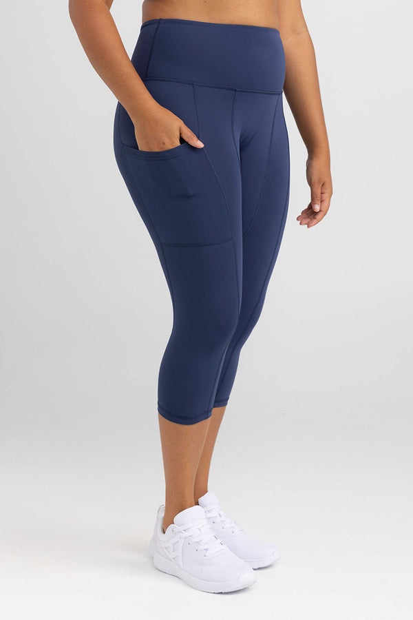 invisiSweat - 3/4 Length Crop Tights - Mid Rise Waist Luxe Navy Blue